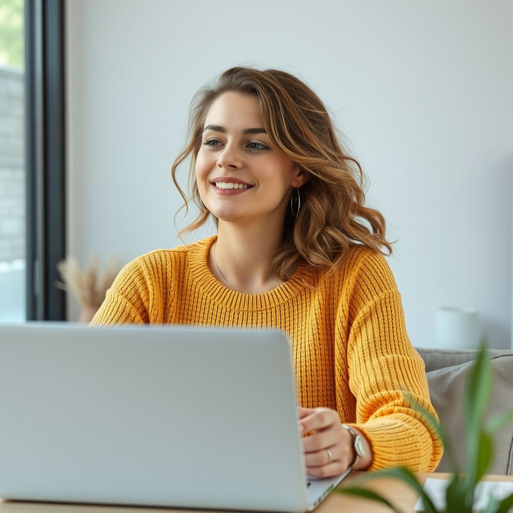 Junge Frau sitzt am PC und bedient die Kunden
